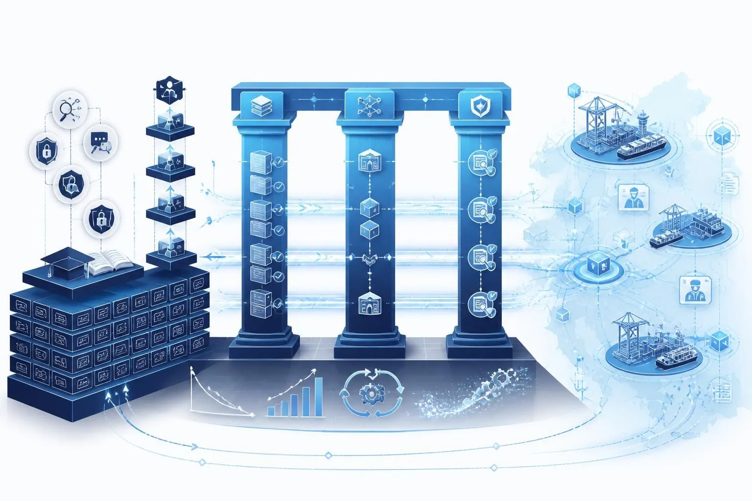 Tri-pillar ecosystem diagram bridging vocational curriculum (left, dark blue) through integrated education, B2B marketplace, and quality assurance pillars (center, progressive light blue) to operational Atlantic digital trade logistics implementation (right, light blue maritime gateway icons). Directional arrows indicate learning-to-practice pathway.