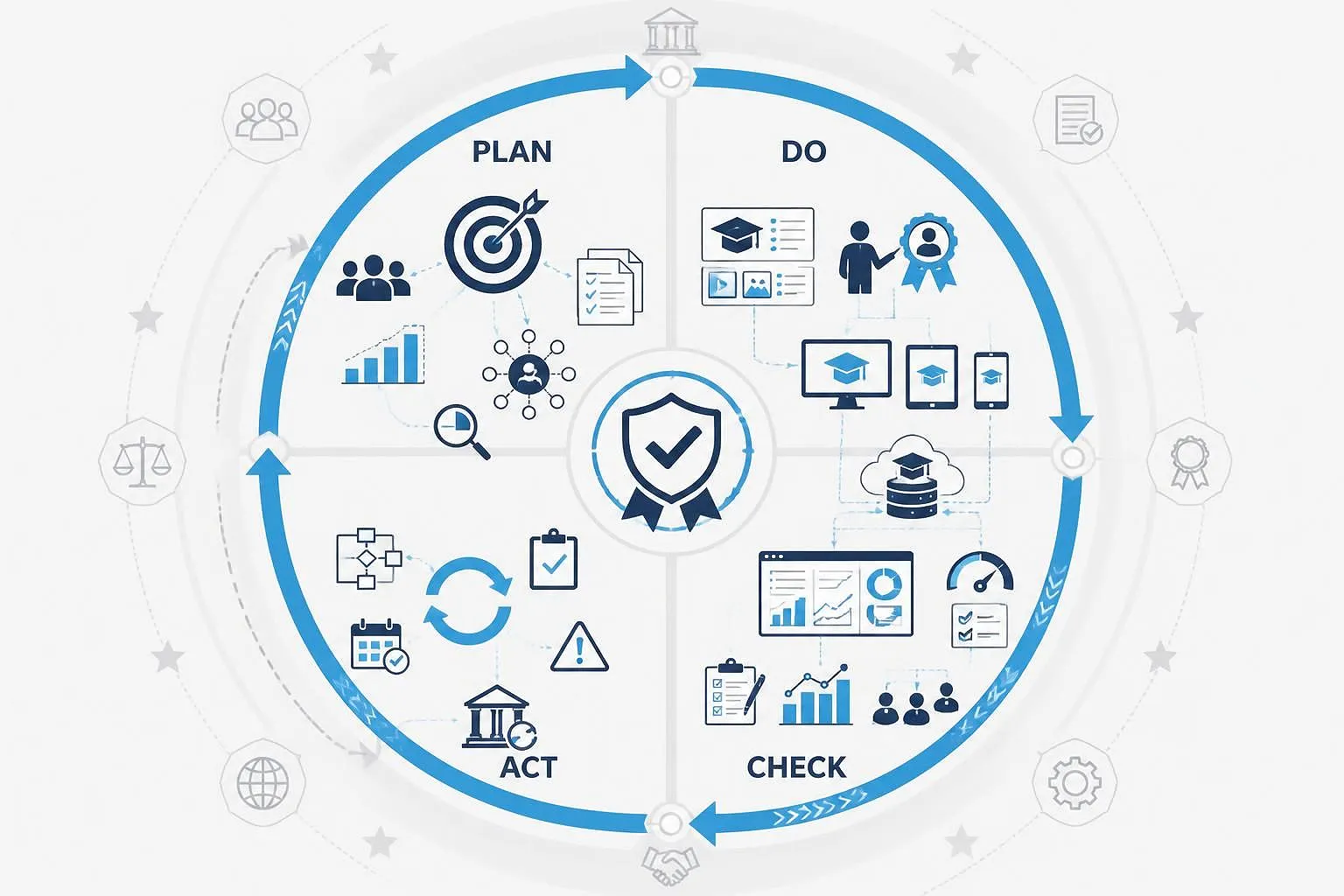 Circular EQAVET Plan-Do-Check-Act (PDCA) quality assurance cycle diagram showing four sequential phases: Plan (stakeholder needs assessment), Do (student-centered delivery), Check (assessment analytics), and Act (curriculum revision), with continuous feedback loops flowing clockwise in navy and azure blue on light grey background.