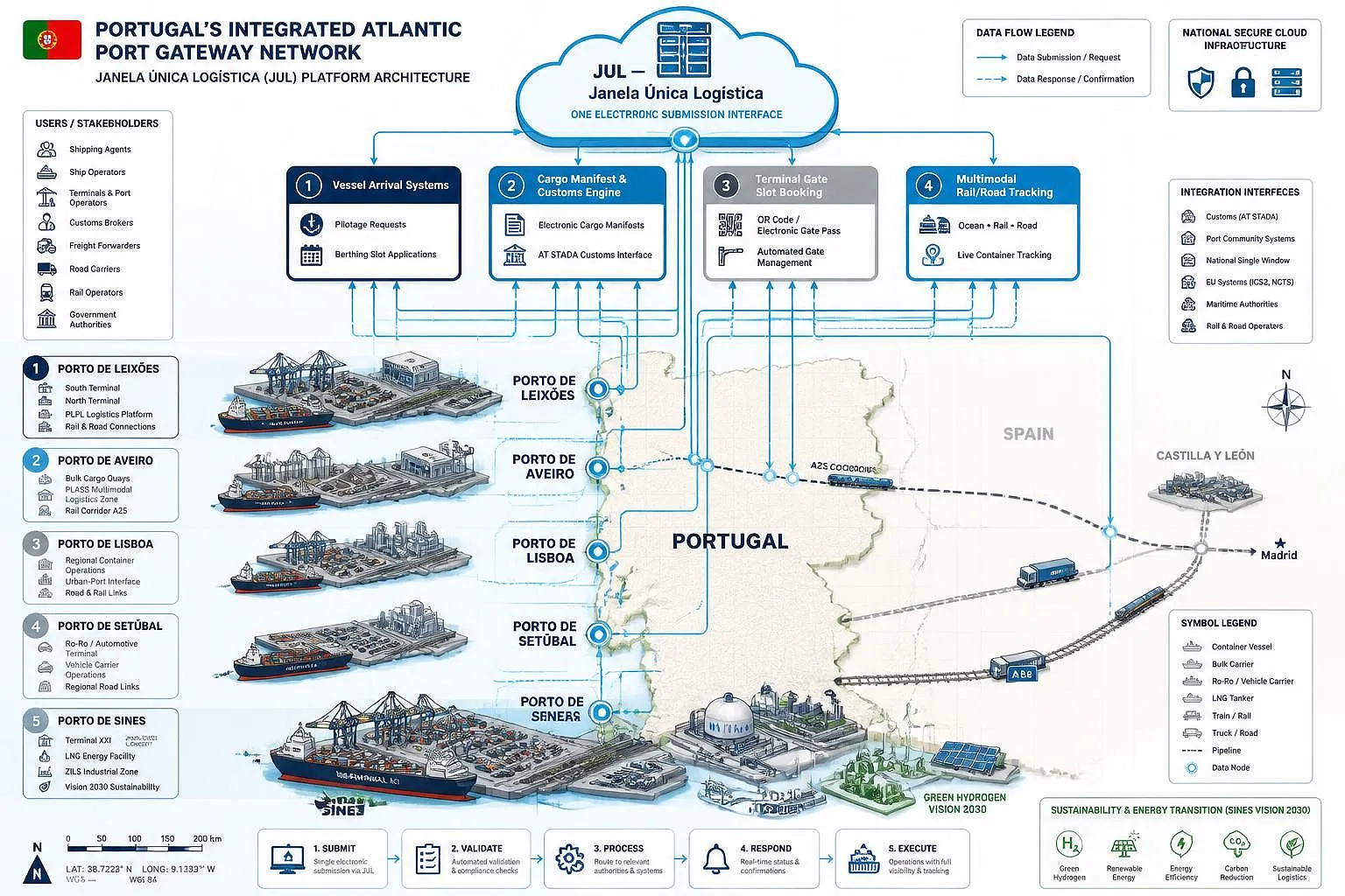 Technical infrastructure diagram of Portugal's Atlantic port network: five major ports (Leixões, Aveiro, Sines, Setúbal, Lisbon) connected through centralized Janela Única Logística (JUL) cloud platform showing vessel arrival, cargo manifest, gate booking, and multimodal tracking modules with data flows in navy and azure blue.
