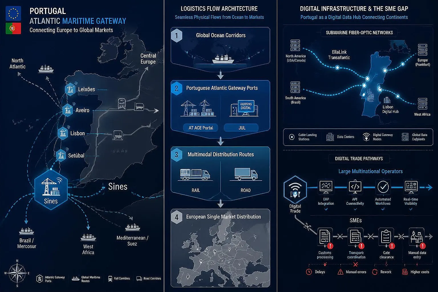 Strategic geographic map showing Portugal's five Atlantic gateway ports (Sines, Leixões, Aveiro, Lisbon, Setúbal) connected to global trade corridors, submarine cable digital infrastructure, and inland European distribution routes, with visual contrast highlighting the operational gap between large multinational automated systems and fragmented SME manual processes.