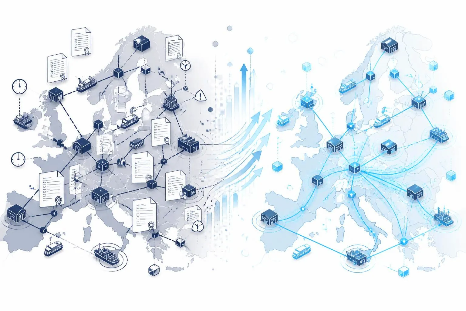 Split-panel supply chain diagram: left side shows fragmented paper documents obstructing logistics network (dark blue); right side displays streamlined digital data flows and connectivity (light blue), visualizing the transformation from legacy to digital European trade processes.