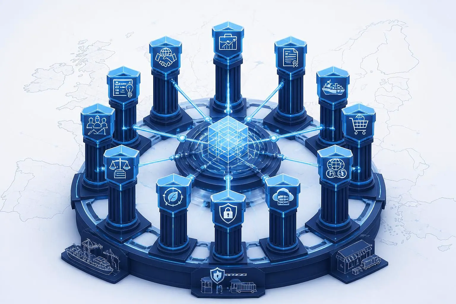 Twelve vertical architectural pillars arranged in a circular formation around a central unified core, each pillar iconographically representing distinct EDTC curriculum domains (business, customs, logistics, e-commerce, finance, IT, cybersecurity, sustainability, legal, human capital, project management, negotiation), connected by light blue bridges visualizing interoperability and integrated European digital trade ecosystem.
