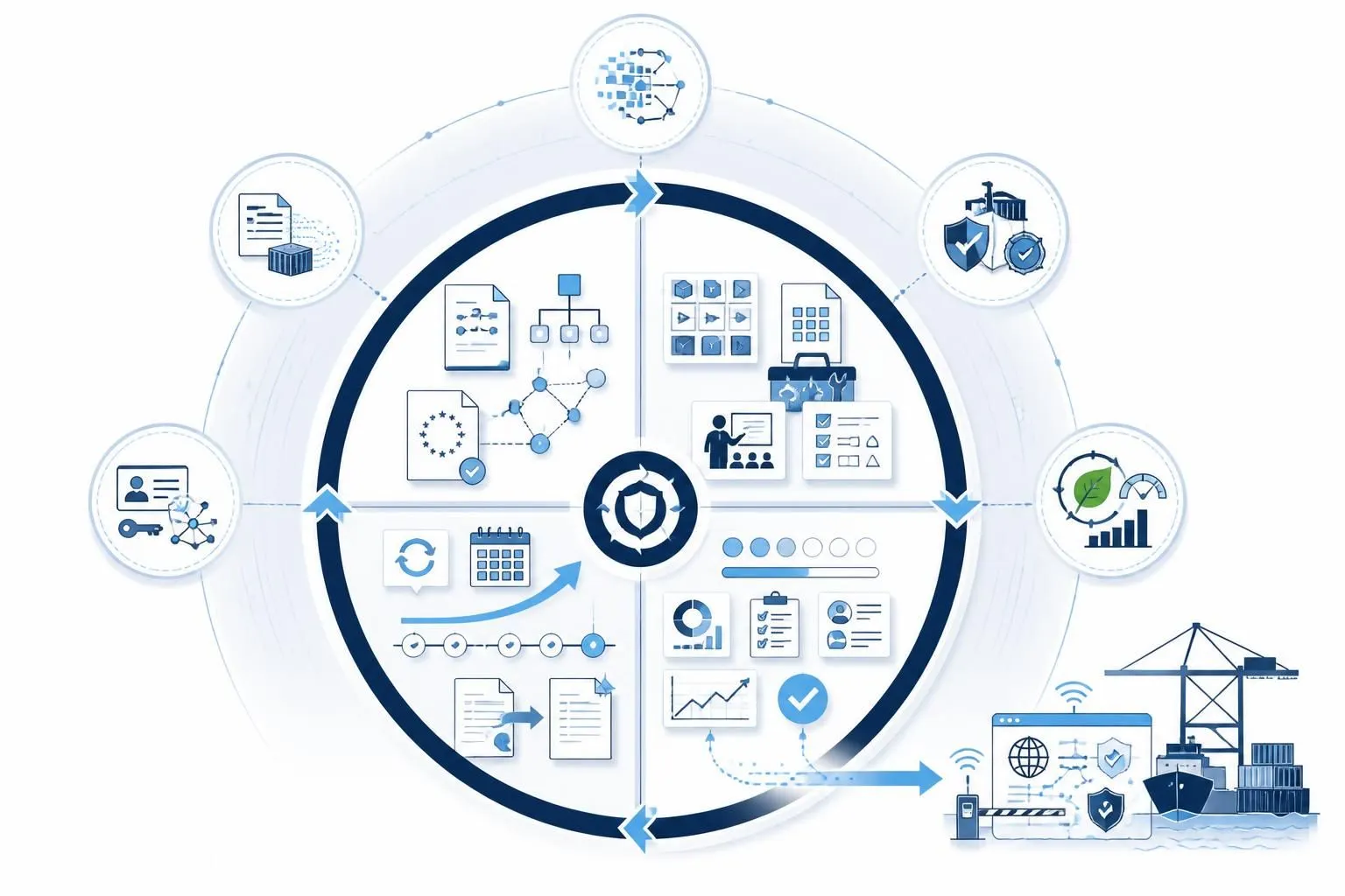 Circular PDCA quality assurance cycle (Plan-Do-Check-Act) with four integrated phases, surrounded by five EU regulatory frameworks (Digital Europe Programme, eFTI, UCC, eIDAS 2.0, ESG) radiating inward, illustrating continuous policy alignment in European digital trade education delivery.