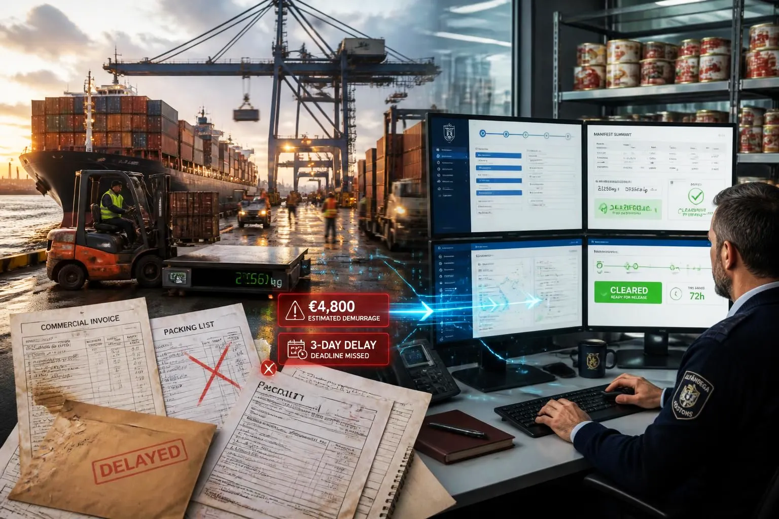 Split-scene hyperrealistic port terminal image: left side shows delayed seafood cargo containers with scattered paper documents and red warning indicators at Port of Sines; right side displays modern digital customs workstation with validated ACE Portal and JUL platform screens highlighting successful cargo clearance and regulatory compliance via electronic systems.