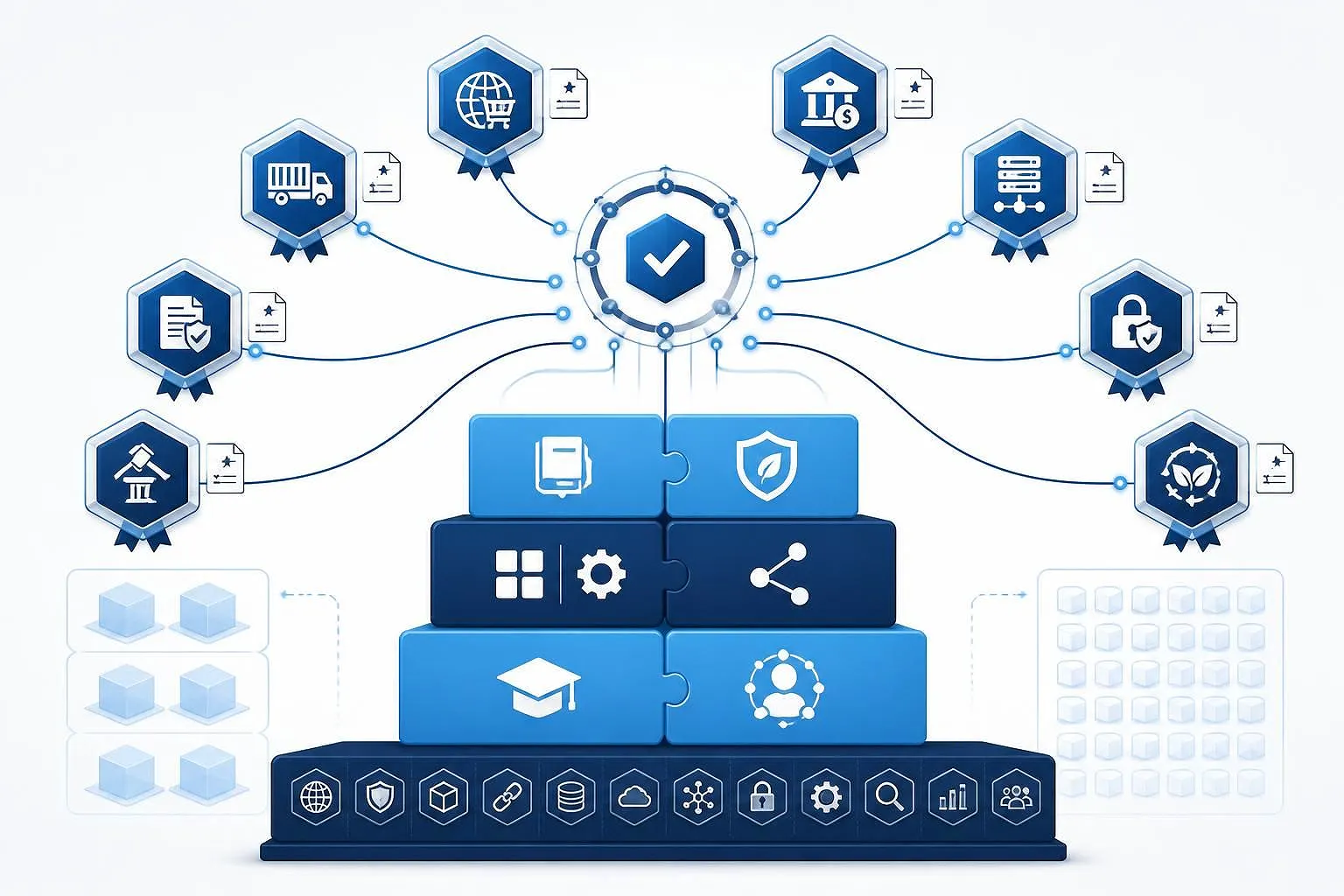 Stackable credential pathway diagram showing mandatory foundation tier, two ascending professional tiers (Foundation, Applied, Advanced), converging capstone project, and eight distinct professional credential pathways (Customs, Logistics, E-Commerce, Finance, IT, Security, Green Trade, Law) terminating in verifiable digital badges and Europass credentials.