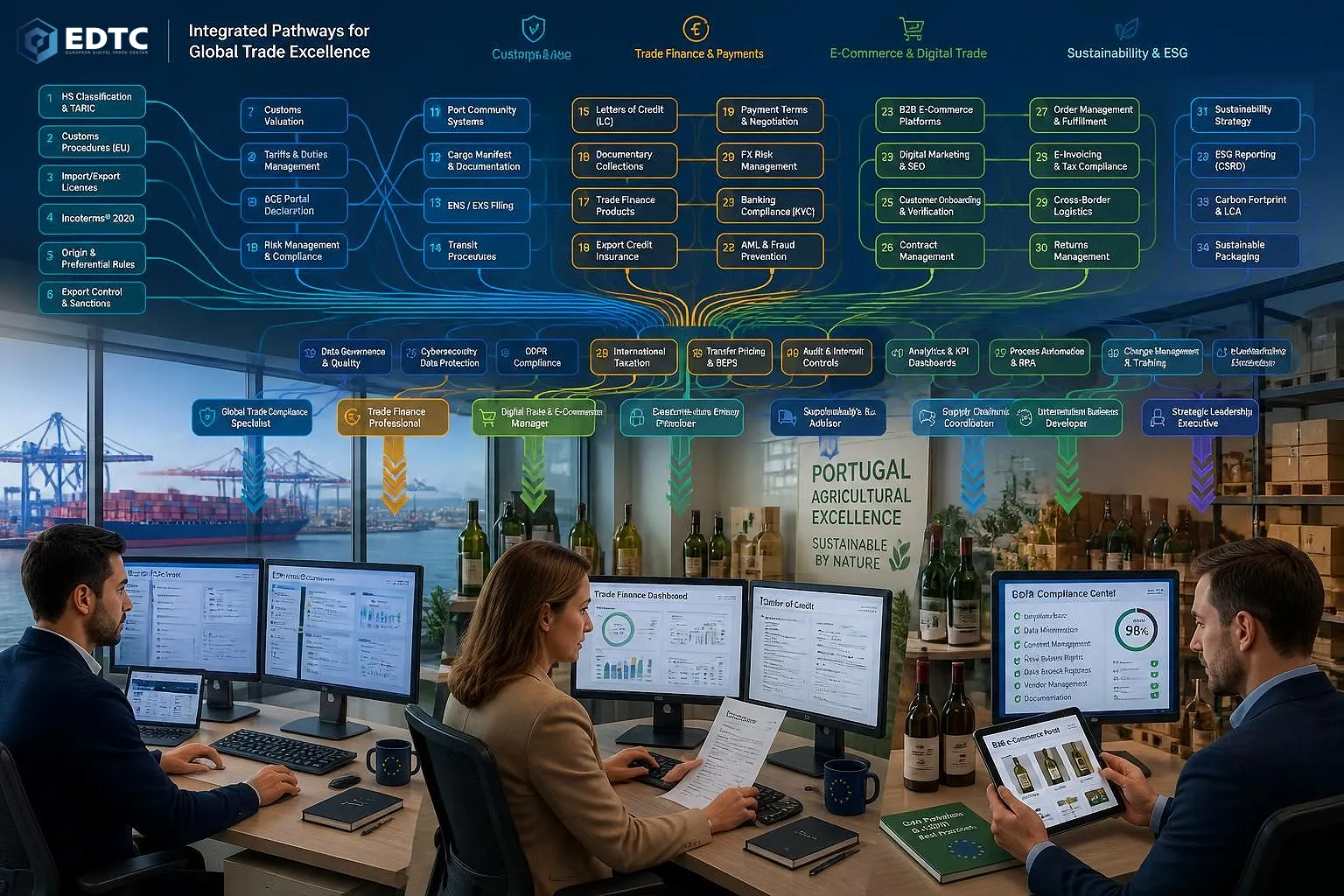 Ultra-realistic workplace photograph showing three Portuguese agribusiness professionals—customs clerk, accountant, and sales manager—working simultaneously at interconnected digital workstations, with vibrant colored workflow ribbons (teal, gold, emerald, coral, purple) visualizing interdependent curriculum pathways across customs, finance, and e-commerce domains.